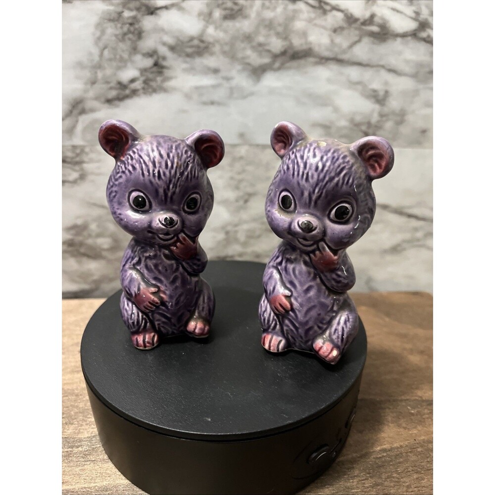 Vintage  Anthropomorphic Purple Bear Cub Salt & Pepper Shakers Japan